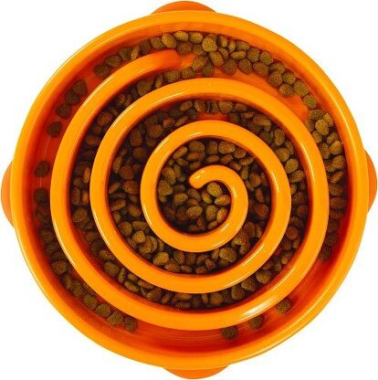 orange slow feeder dog bowl full of kibble